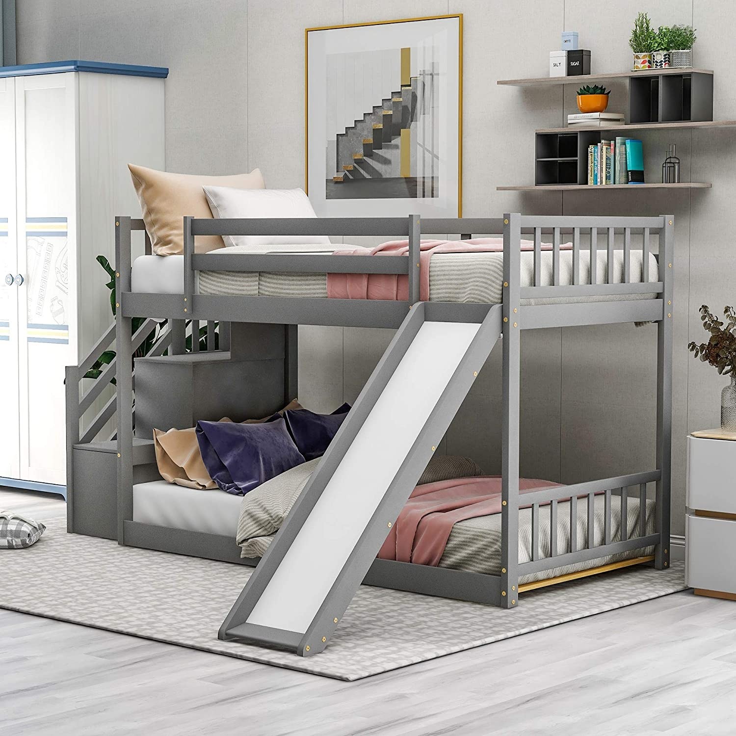 Churanty twin over twin low bunk bed with slide and
