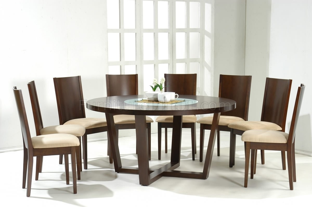 Dark walnut modern round dining table w glass inlay