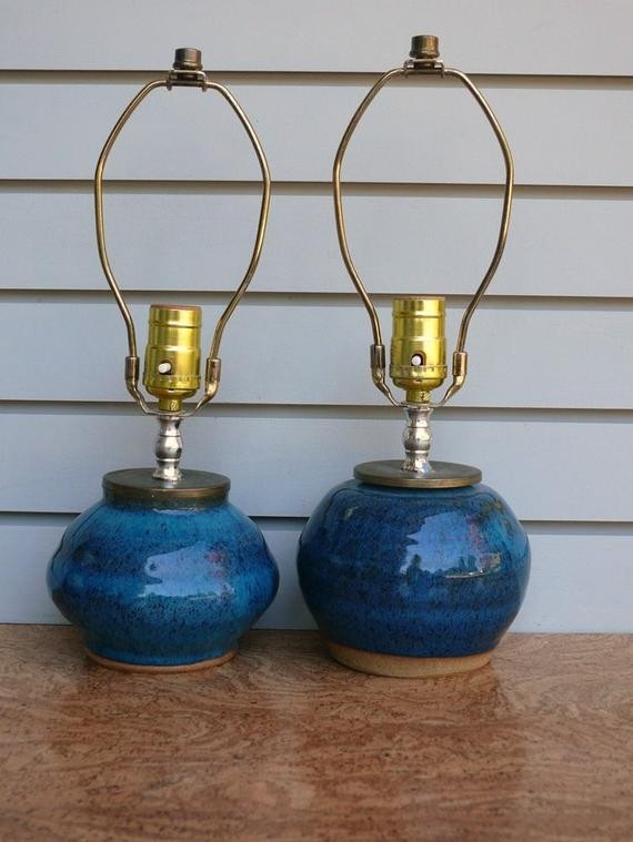 Handmade blue pottery lamps pair