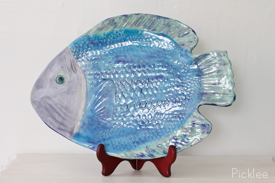 Handmade ceramic fish platter blue green flounder