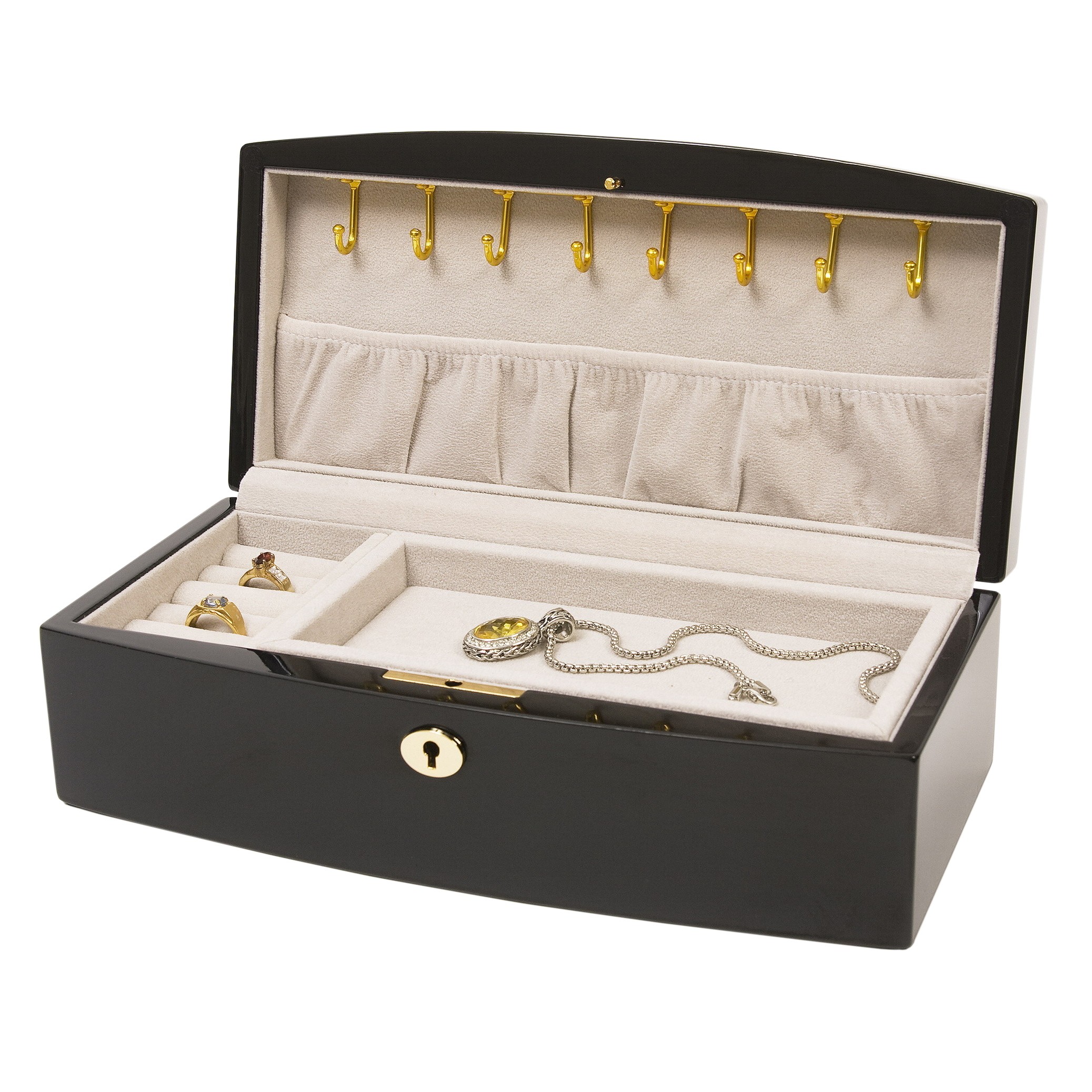 Italian inlaid burlwood jewelry box w necklace hooks