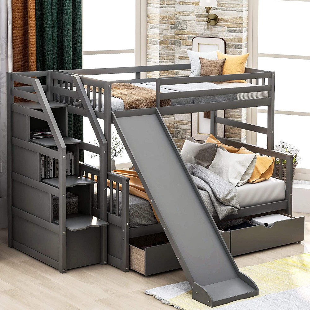 Modern Gray Twin Over Full Bunk Bed with Slide and Storage