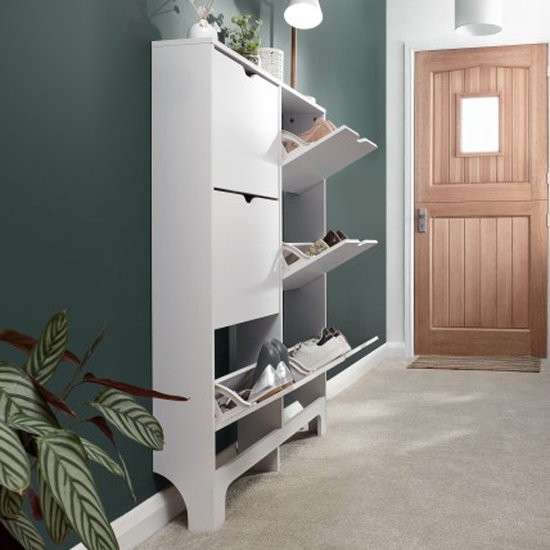 Narrow wooden shoe storage cabinet in white with 6 drawers