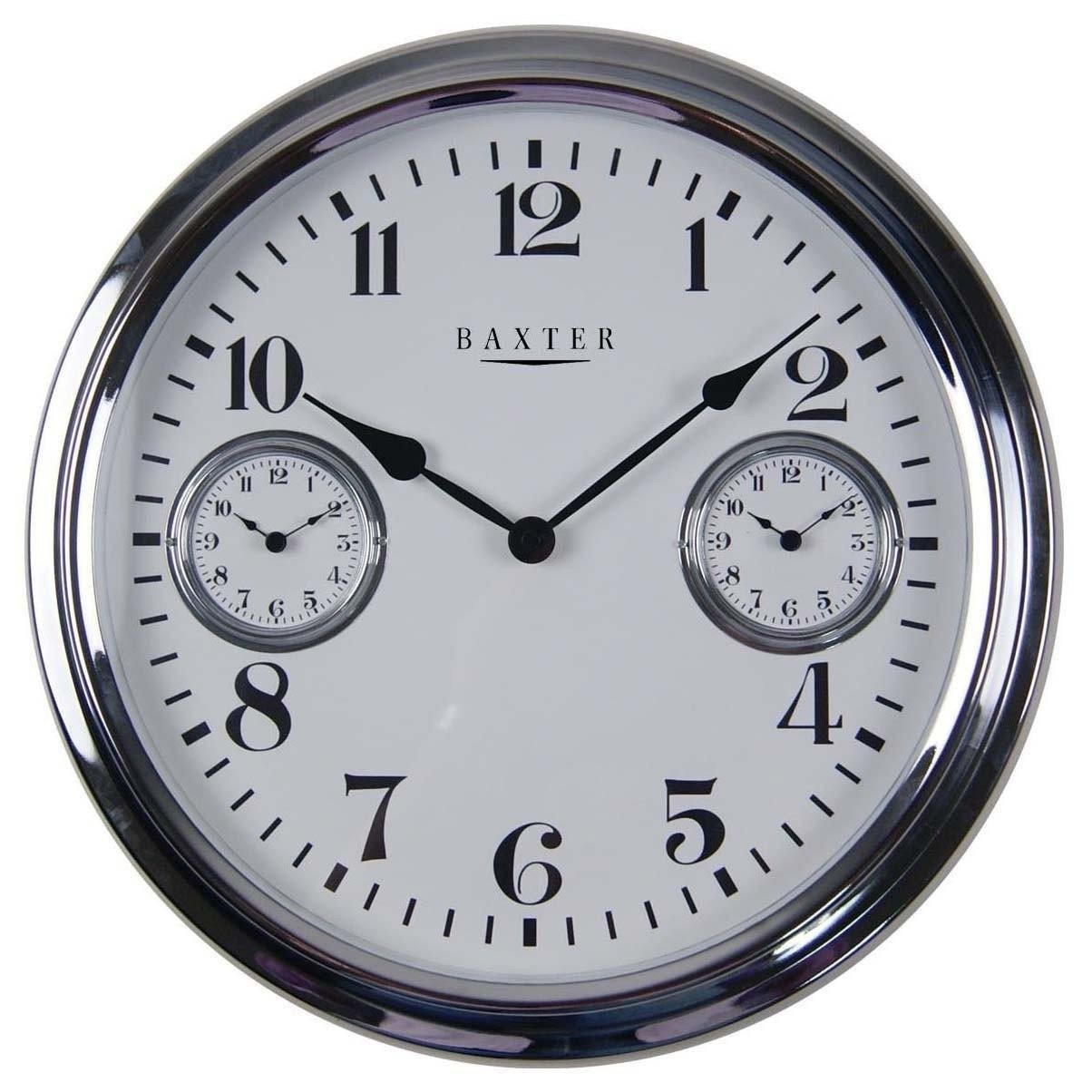 New baxter metal three time zone wall clock chrome 40cm