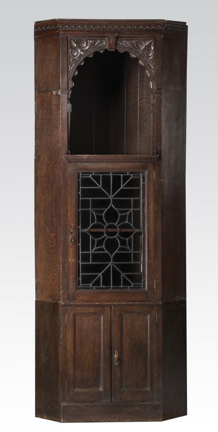 Oak corner cabinet with leaded glass door 90 h