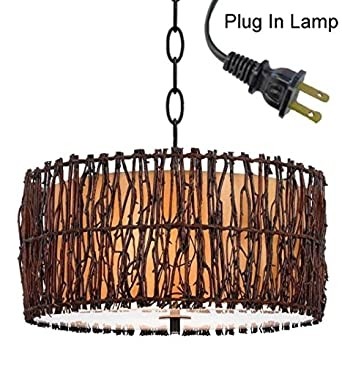 Plug in tree wood twig drum swag lamp pendant light
