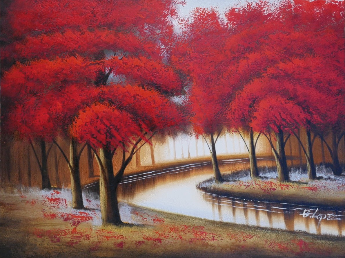 Red tree river landscape art oil painting on canvas wall