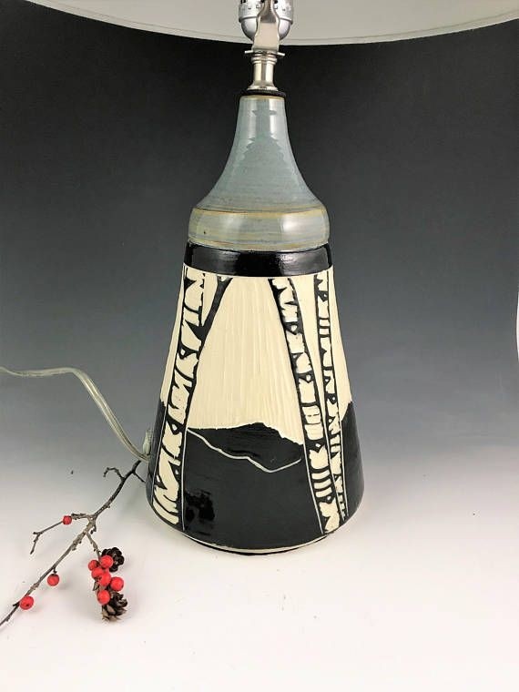 Sgraffito ceramic birch lamp base handmade pottery lamp
