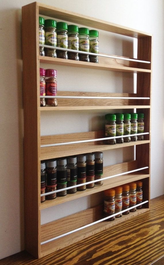 Solid oak spice rack 5 shelves freestanding wall mounted