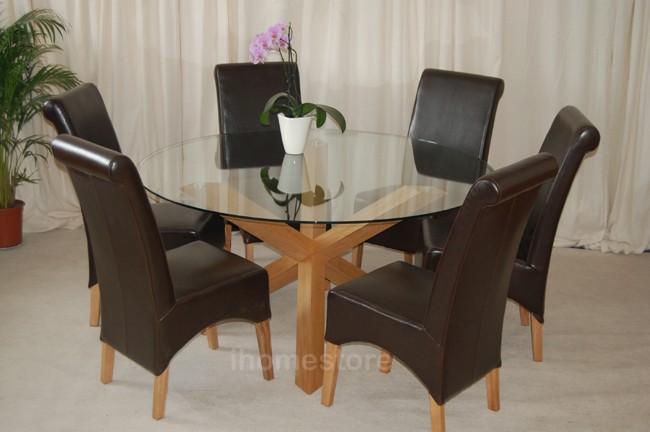 Trio 5 round solid oak glass dining table 6 chairs