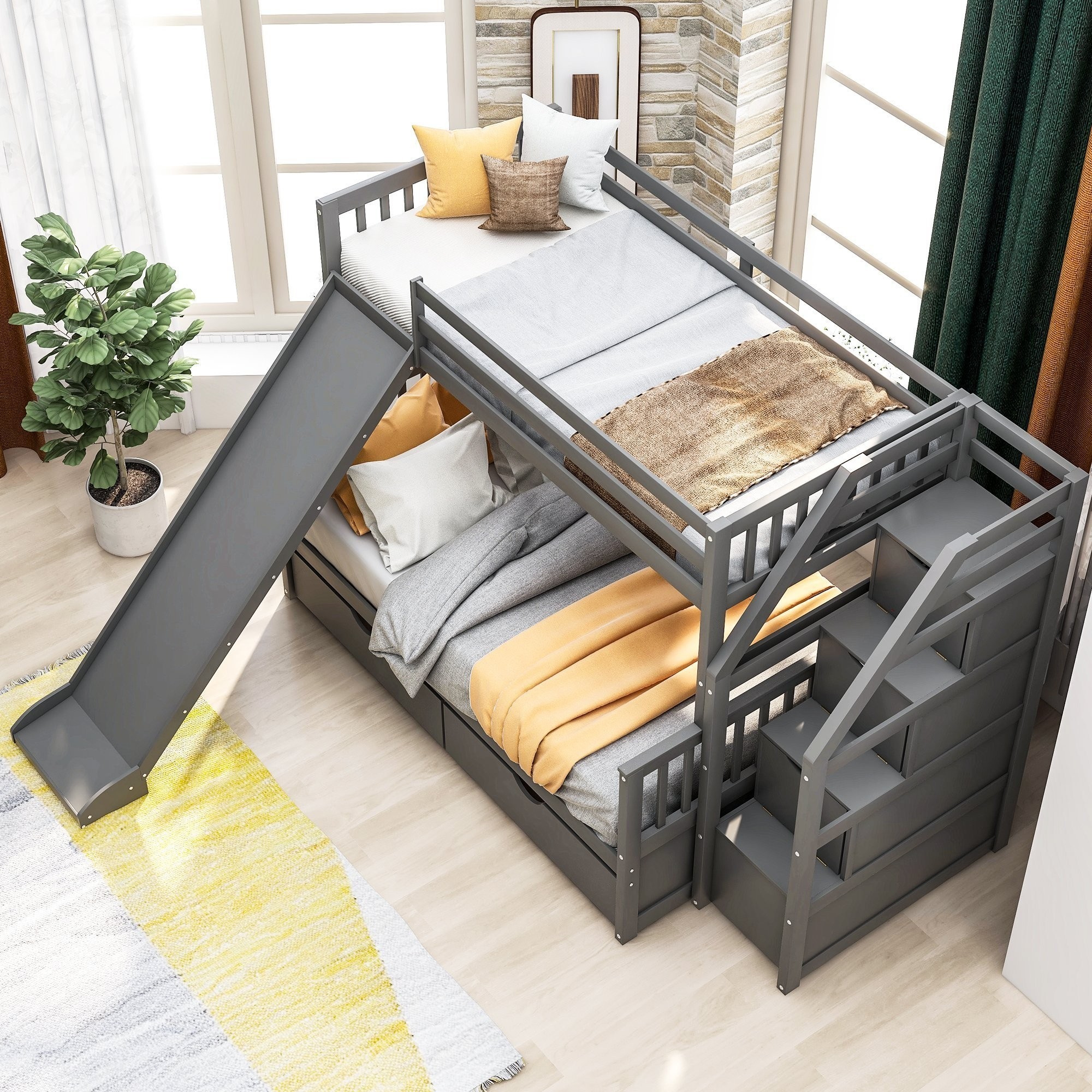Twin over full bunk bed with drawers storage and slide