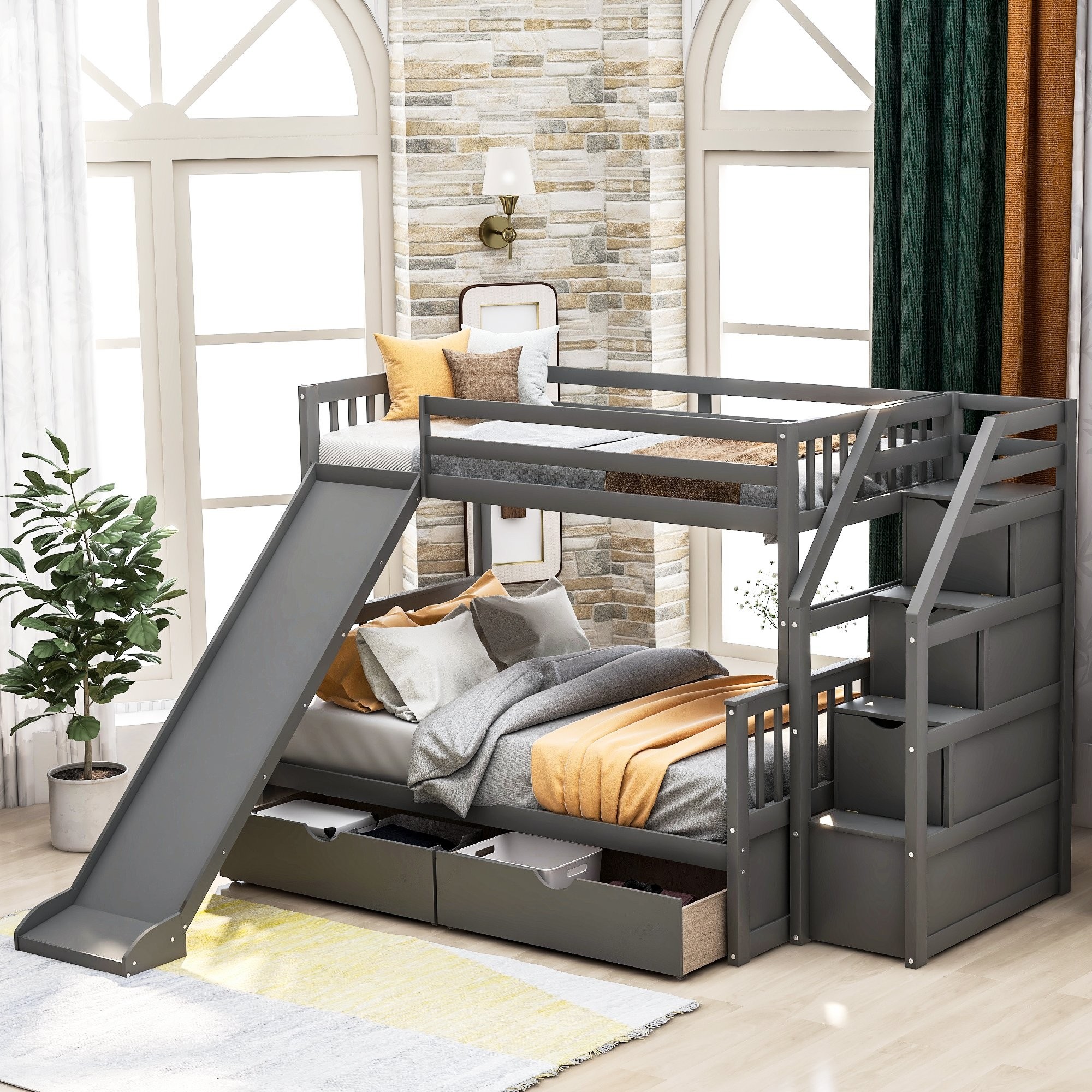 Twin over full bunk bed with drawers storage and slide