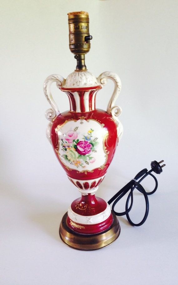 Vintage antique handpainted 1940s porcelain urn lamp red