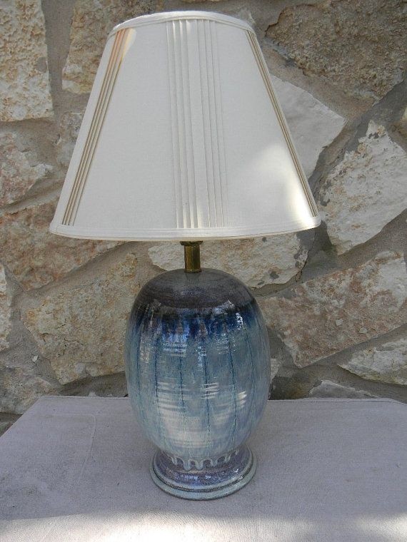 Vintage hand made pottery table lamp blue drip by