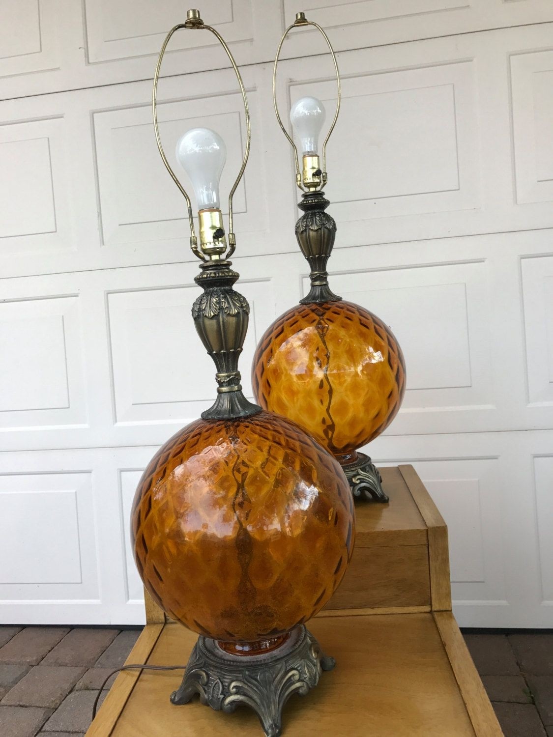 Vintage large amber glass globe lamps by bazemorevault on