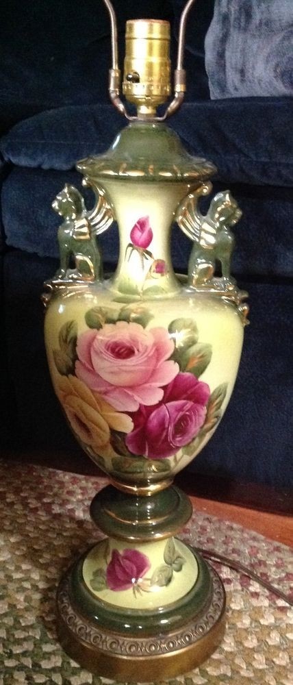 Vintage porcelain hand painted rose lamp signed with