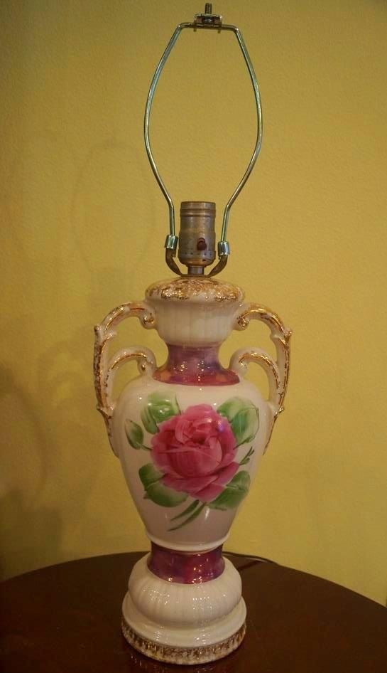 Vintage porcelain lamp pink rose by amyfindseverything on