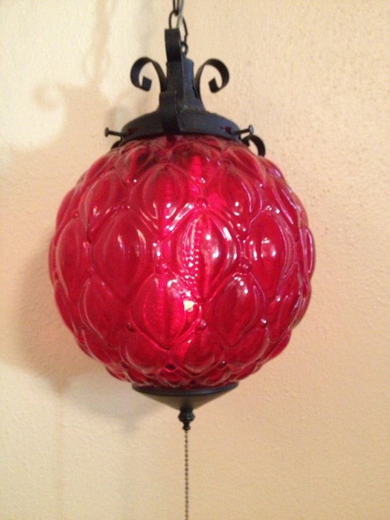 Vintage red glass globe hanging lamp from 1970s by