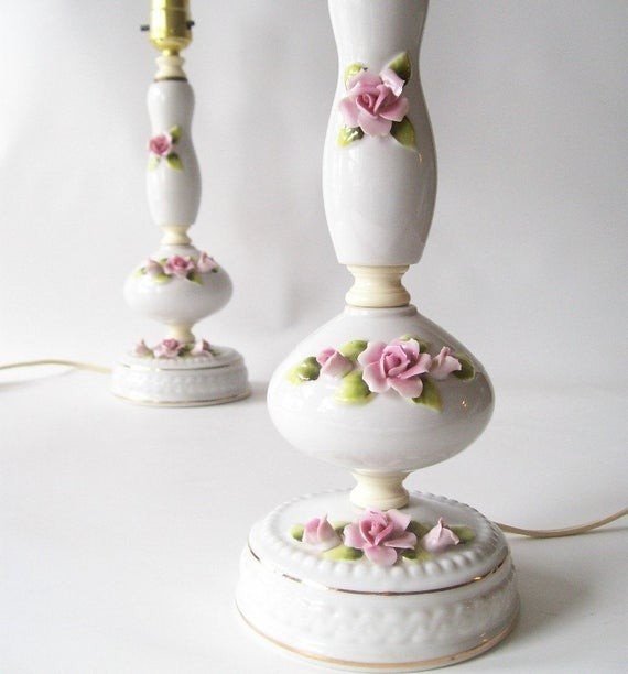 Vintage table lamps pair white porcelain pink by