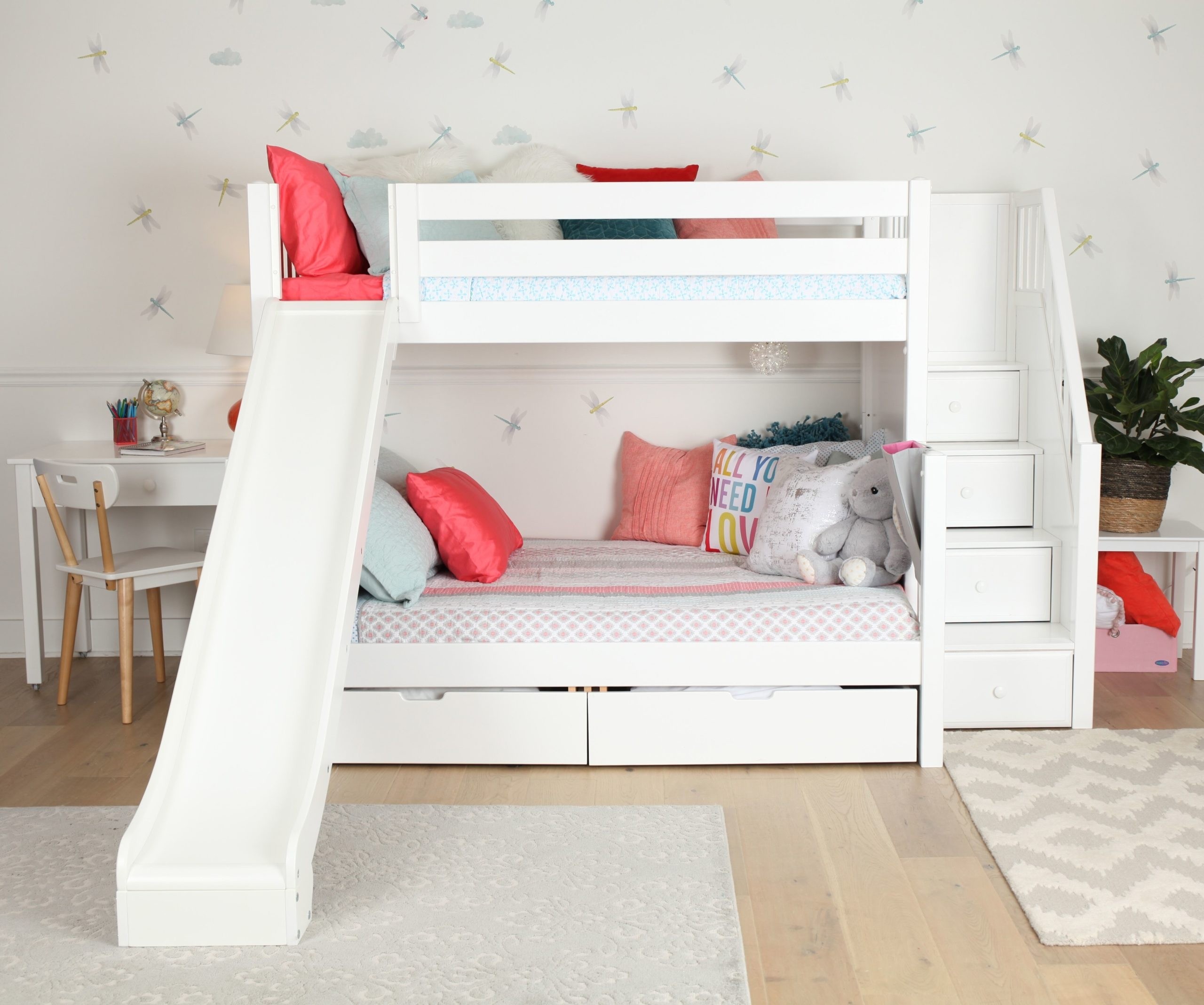 White Kids Bunk Beds with Slide and Storage Drawers
