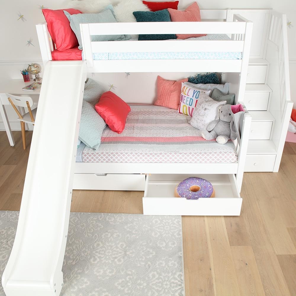 White twin over full slide bunk bed with slide and