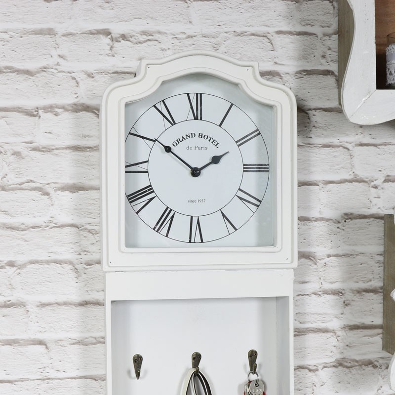 White vintage style grandfather clock with key hooks
