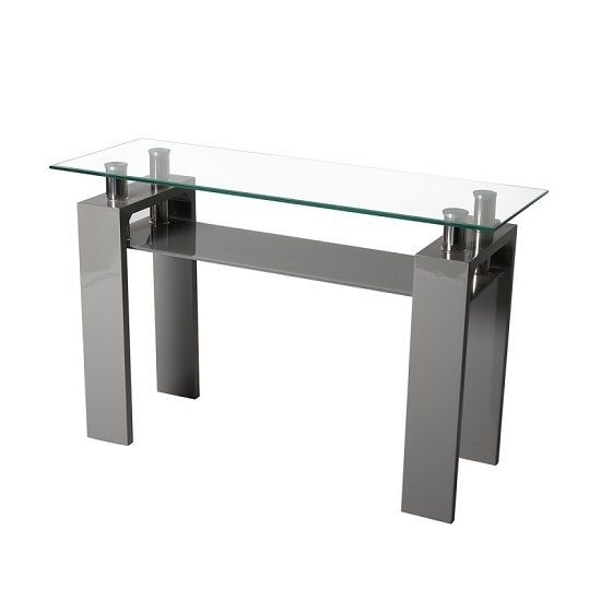 Willis glass console table in clear with grey high gloss