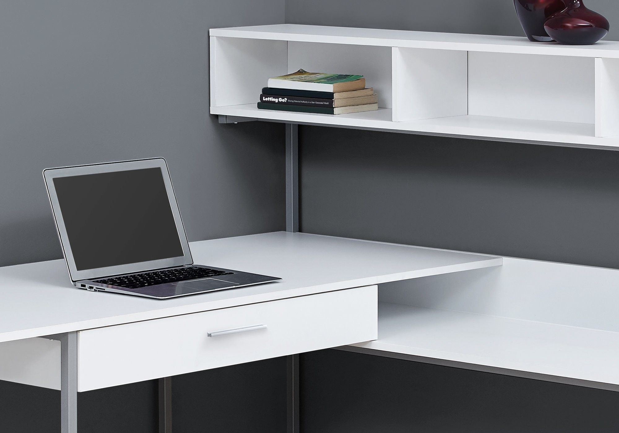 59 white l shaped corner desk with shelves by monarch