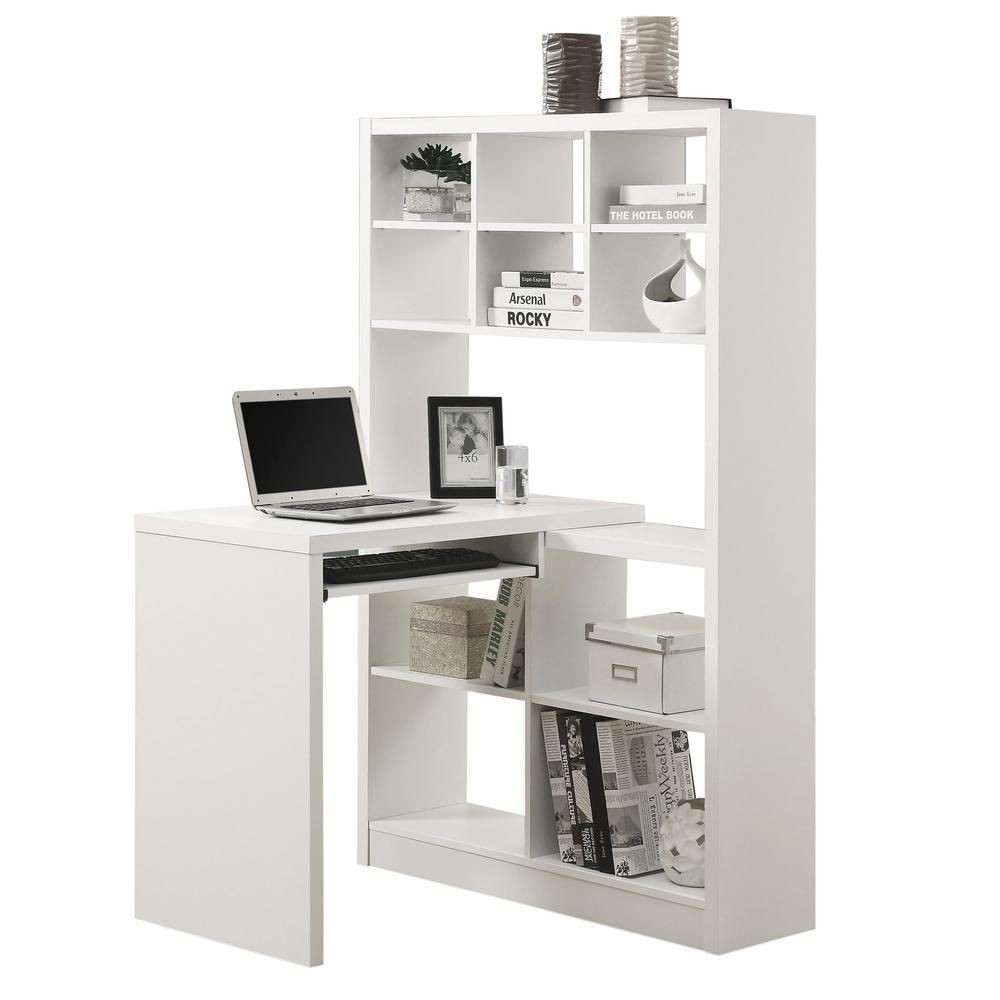 Adjustable corner desk with shelving in white white