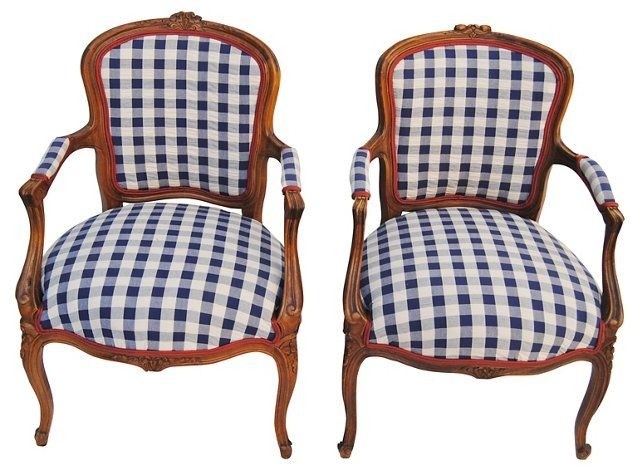 French country chairs in blue check pr french country