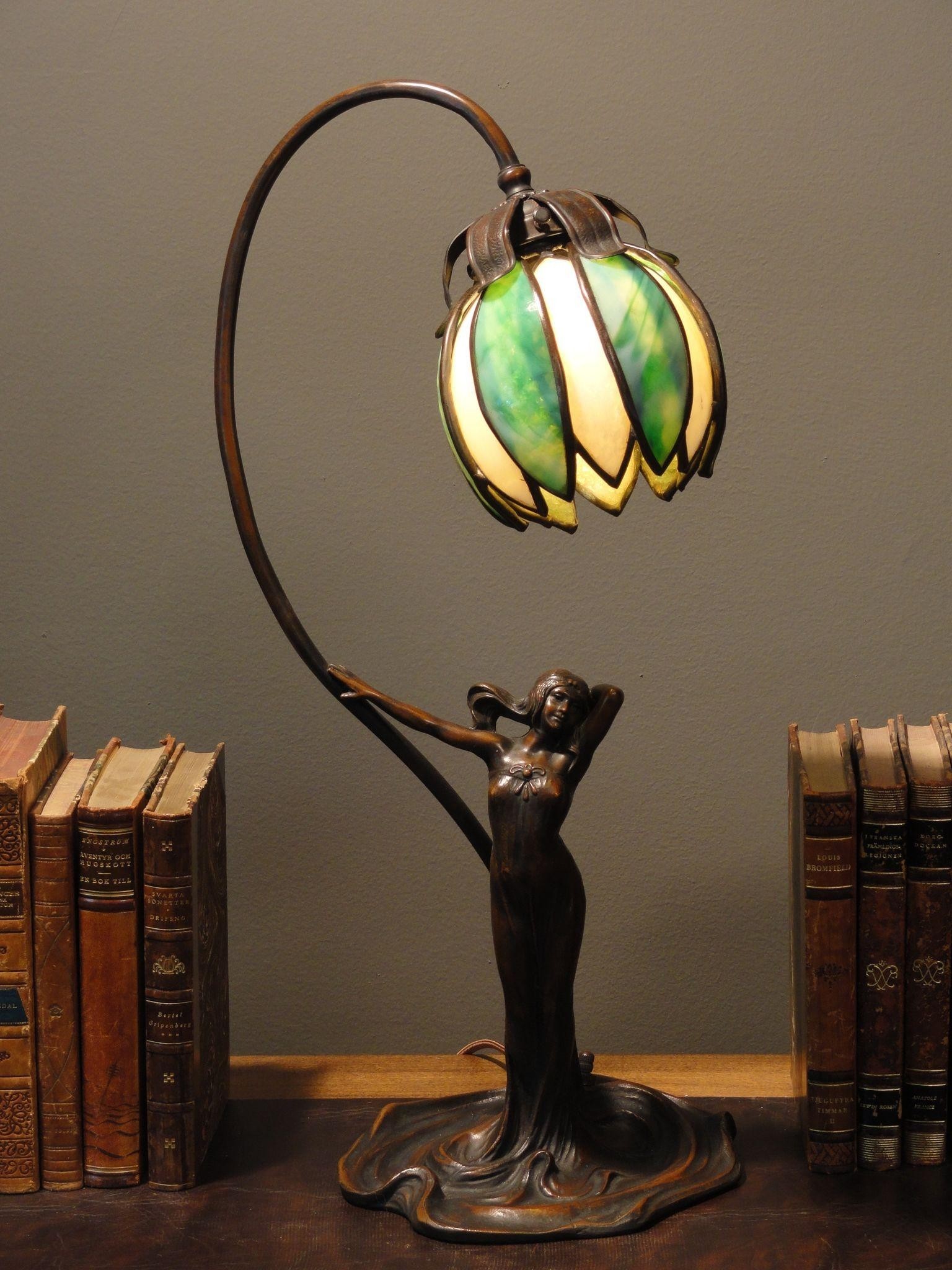 Gorgeous art nouveau lady figural lamp w petal slag glass