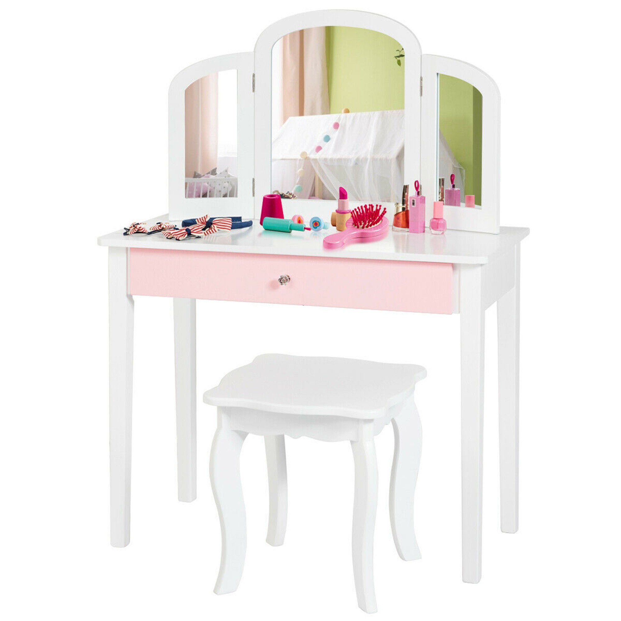 Gymax kids vanity princess make up dressing table w tri