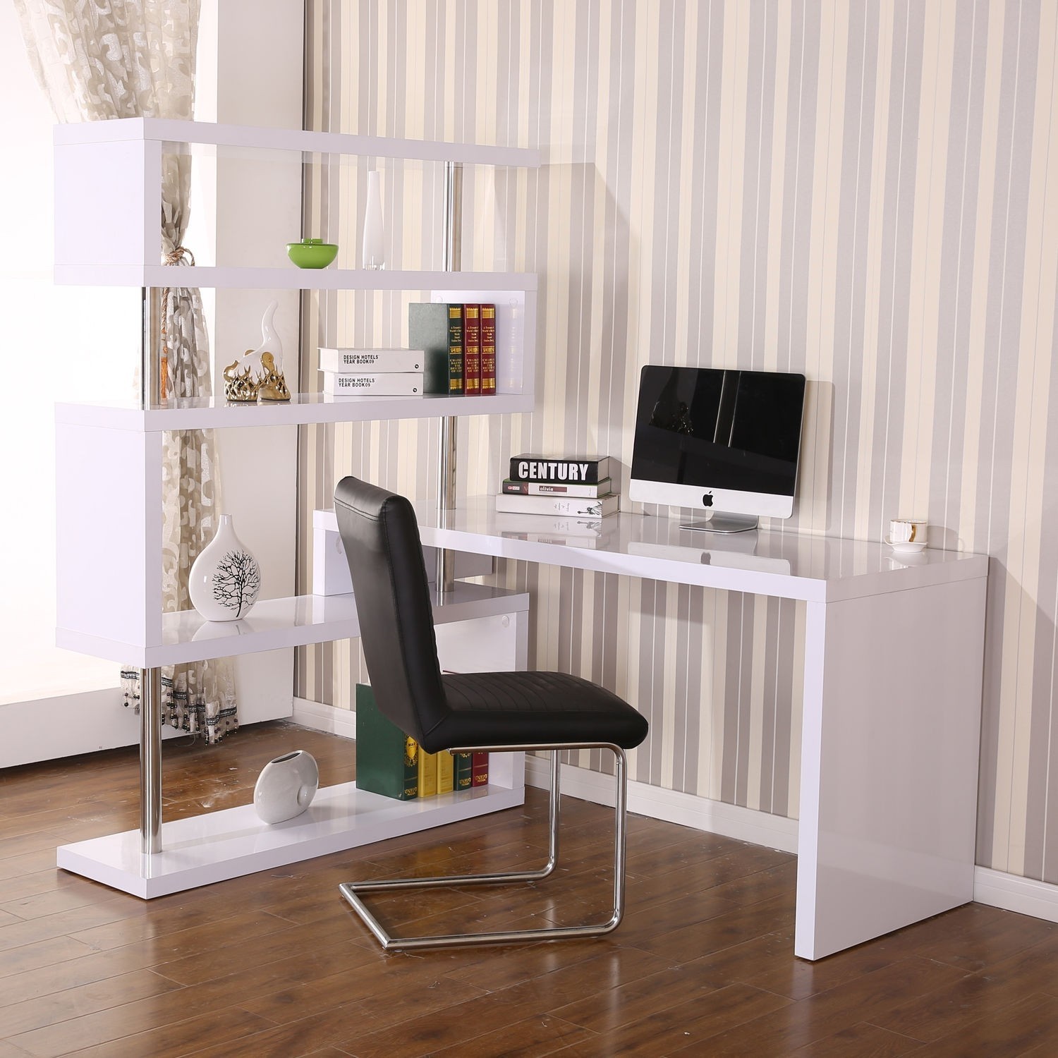 Homcom foldable rotating corner desk and shelf combo white