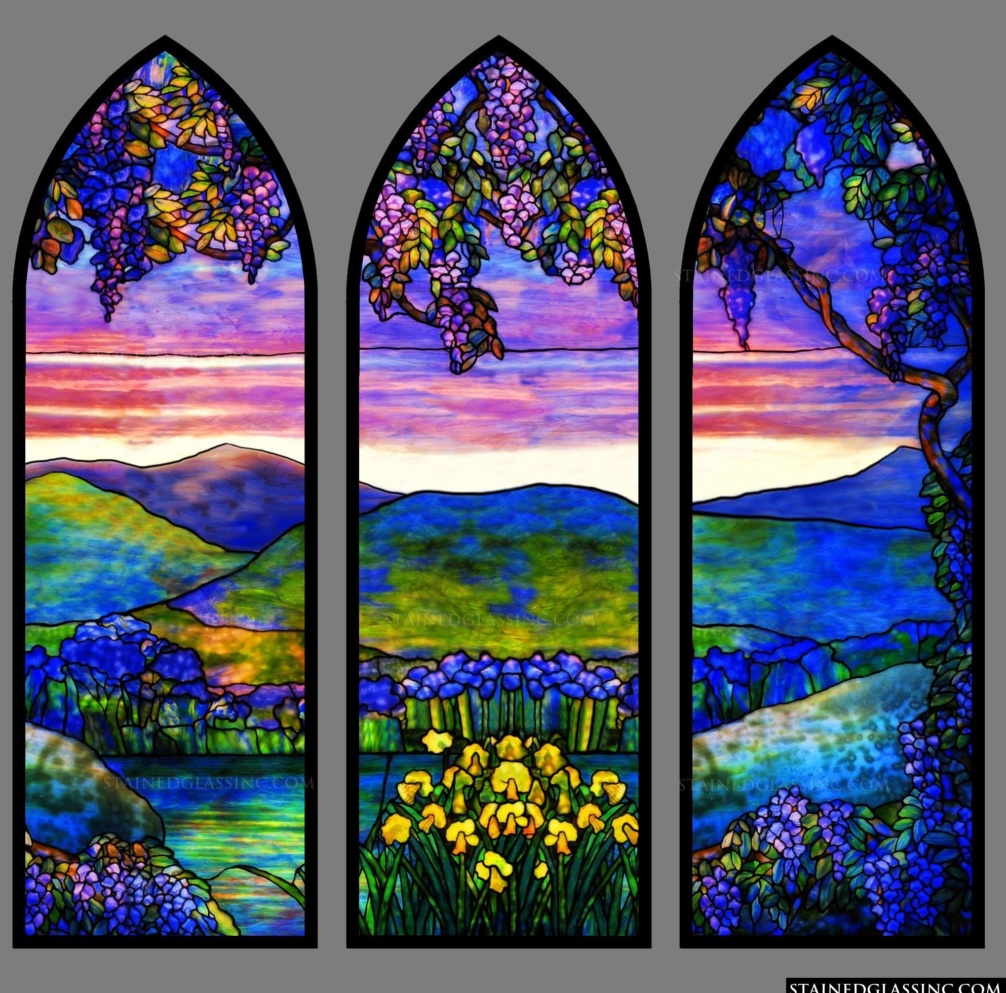 Landscape of sunset colors stained glass window