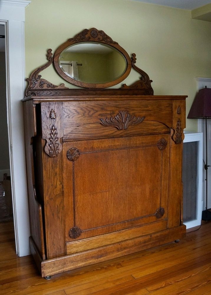 Late 1800s vintage antique oak wood murphy bed w mirror