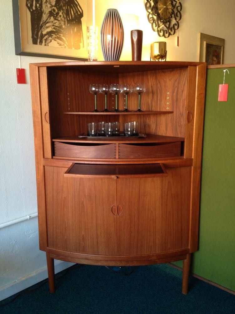 Mid century danish corner bar cabinet with tambour doors 1