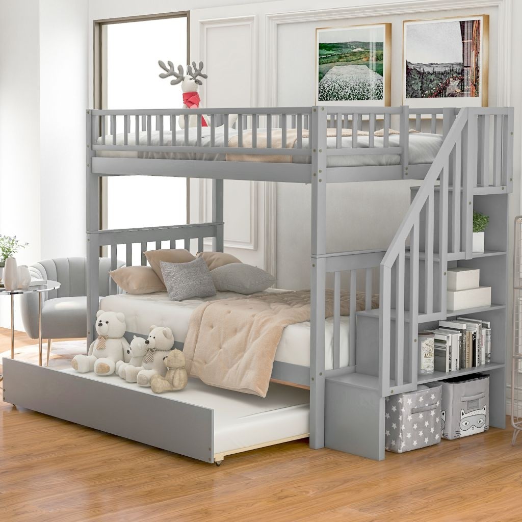 Modern twin over twin wood bunk bed with trundle and