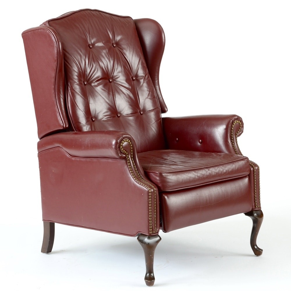 Queen anne style burgundy leather wing back recliner ebth 1