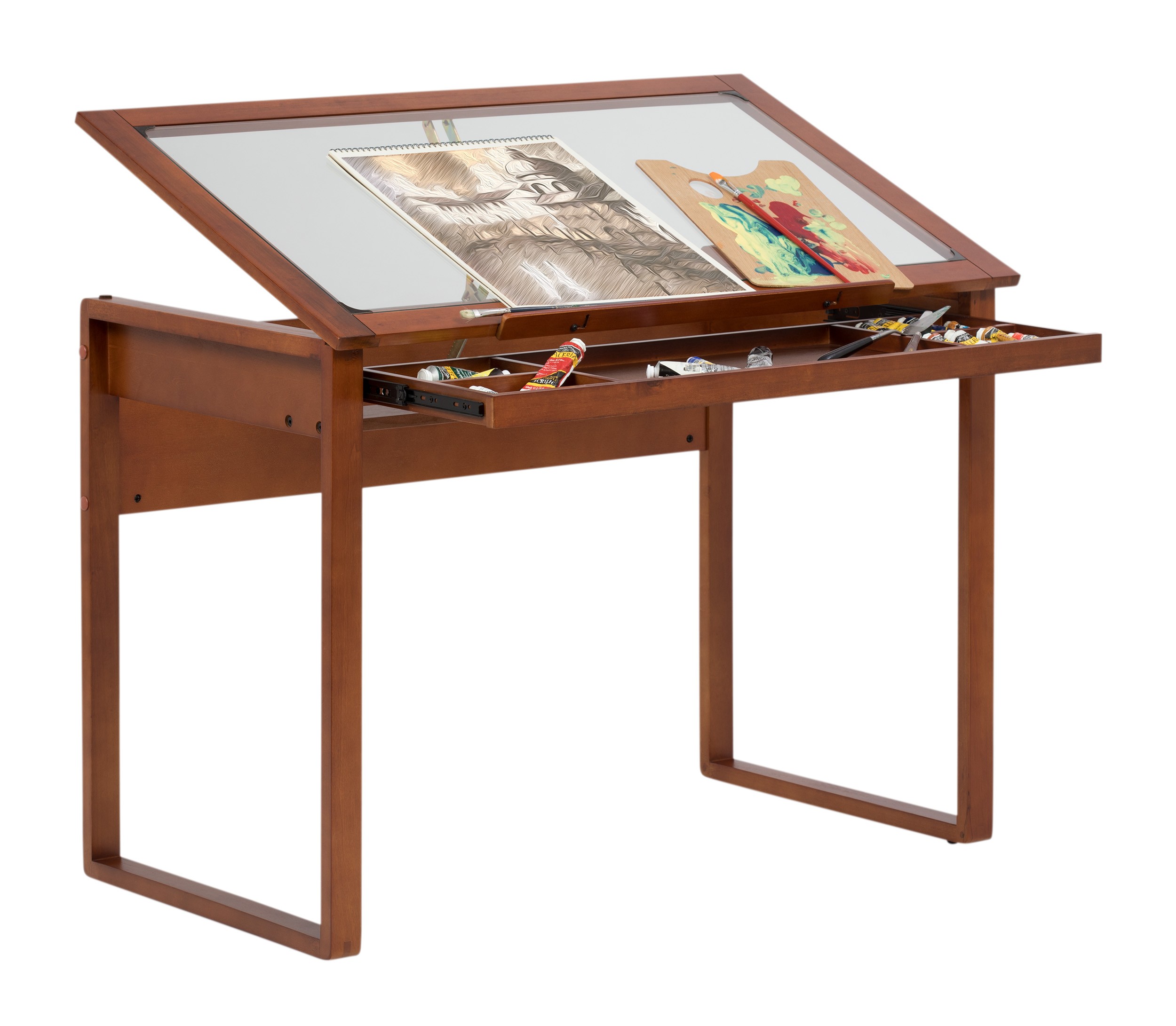 Sd alpha brown wood drafting table with adjustable glass