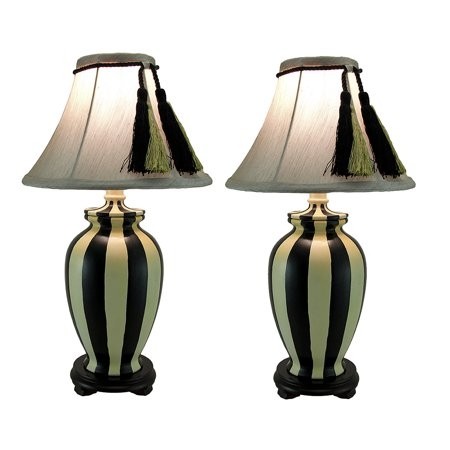 Set of 2 vertical striped ceramic table lamps w tassel