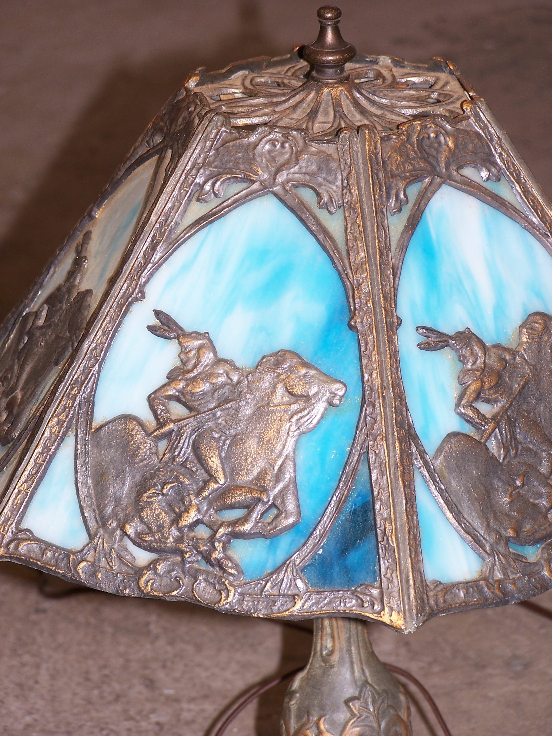 Slag glass table lamp native american motif pair antique