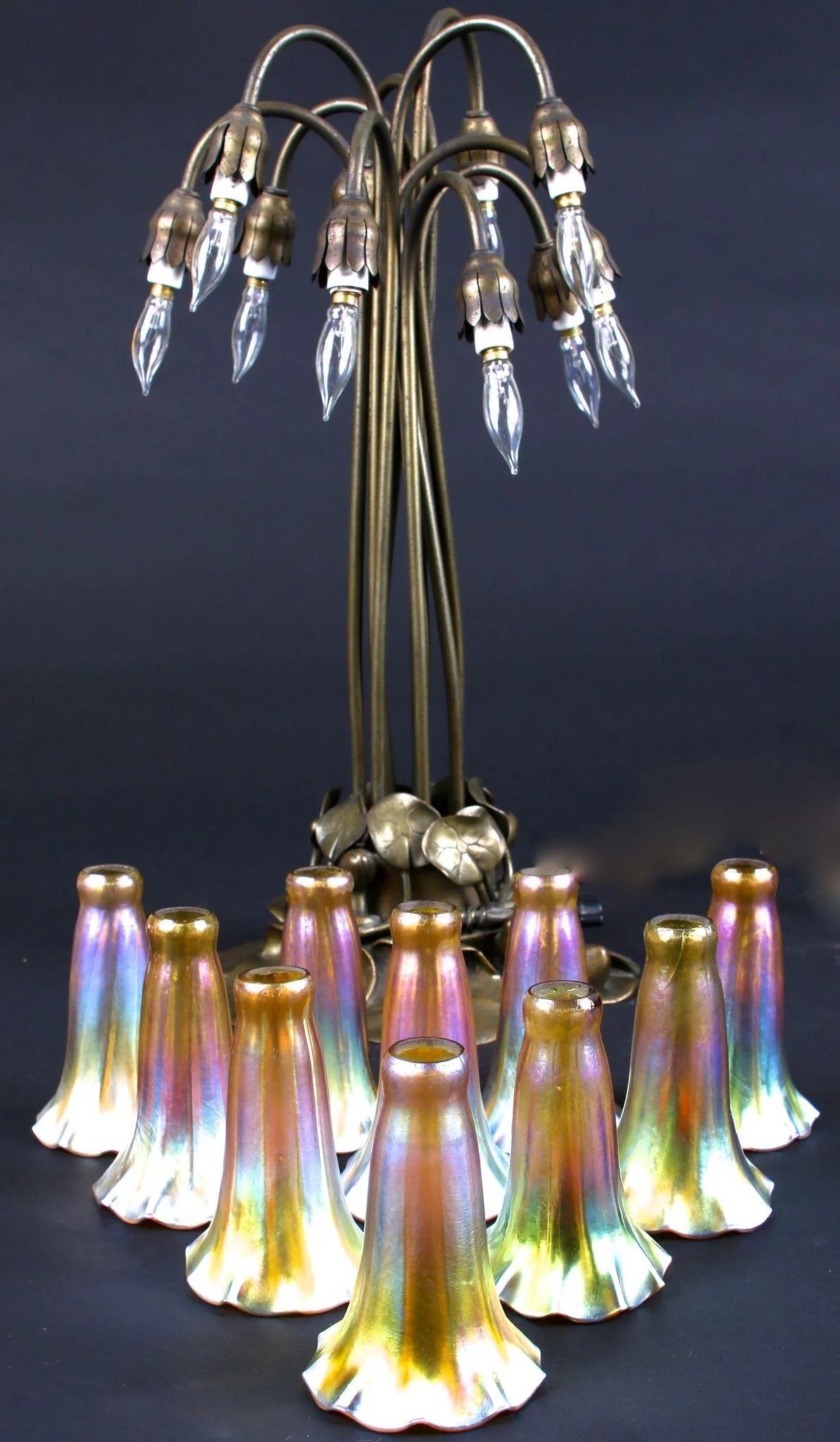 Tiffany studios ten light lily table lamp bronze finish