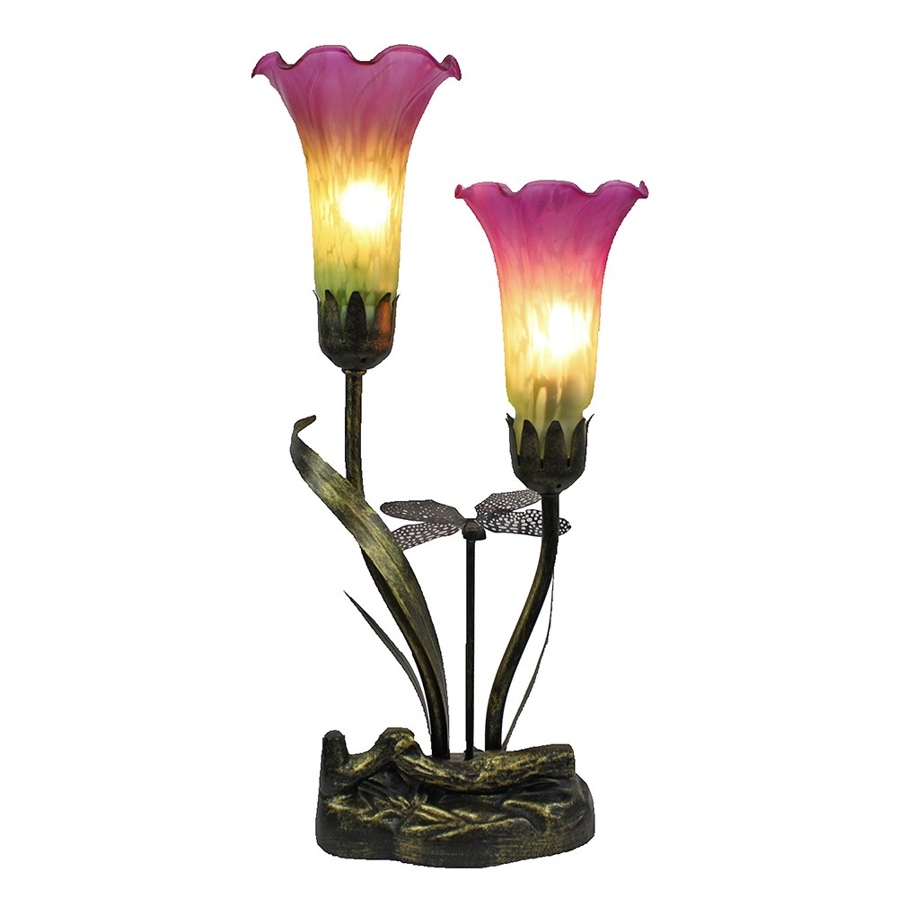 Two branch upward tiffany lily table lamp pink green