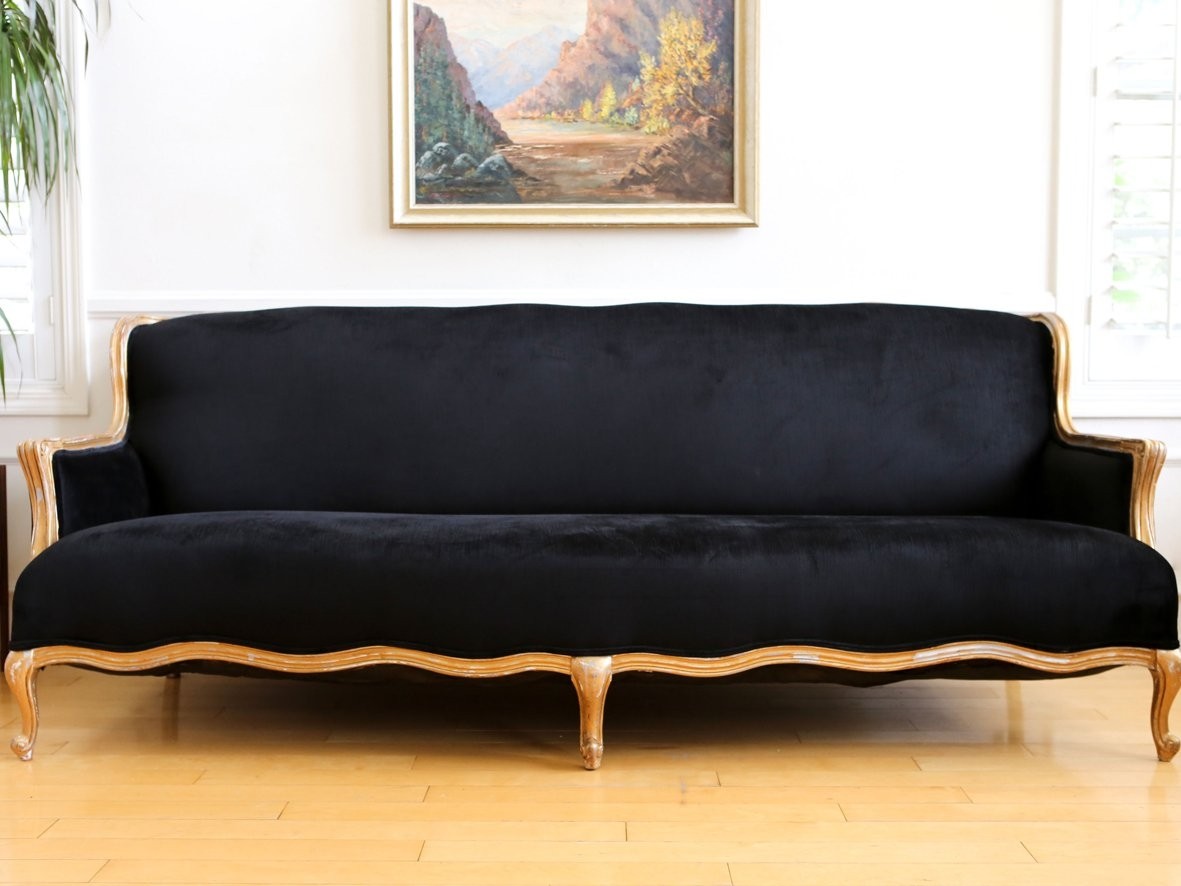 Vintage french velvet black louis style long sofa couch no