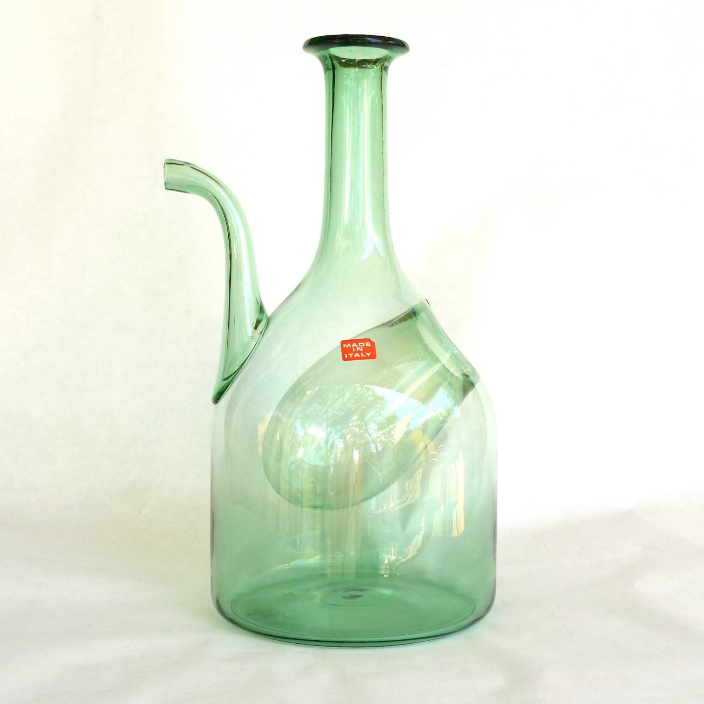 Vintage hand blown green glass wine decanter mid century