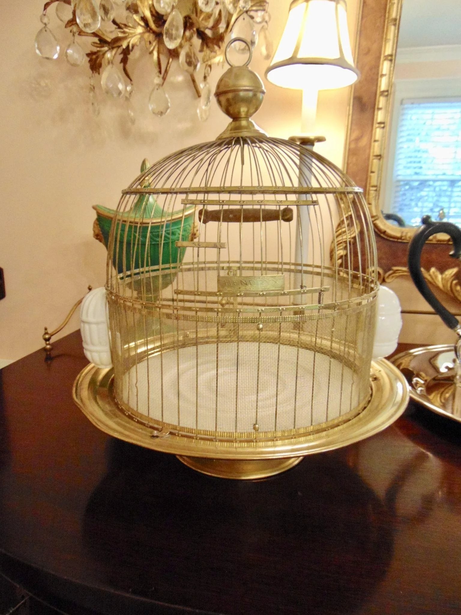Vintage hendryx pedestal bird cage with milk glass feeders 1