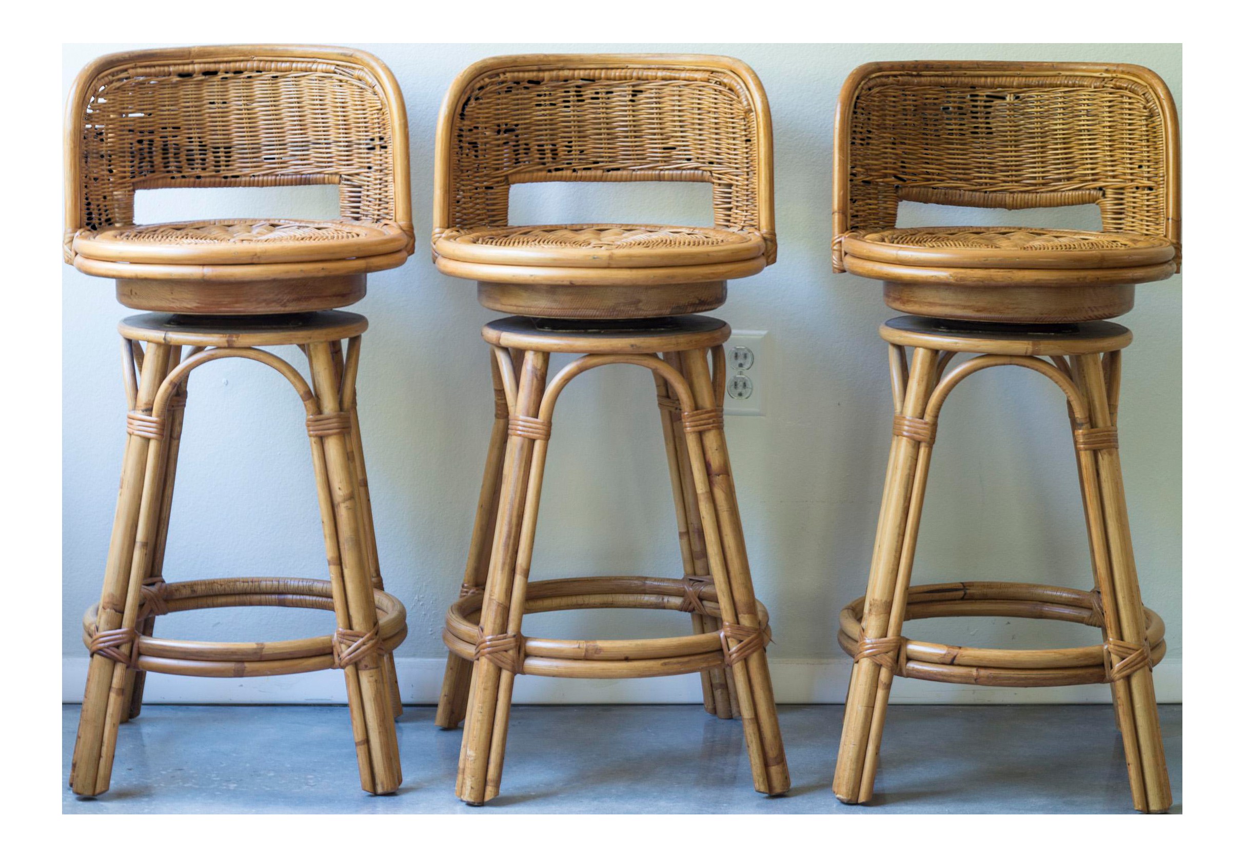 Vintage mid century rattan bamboo tiki bar stools set of