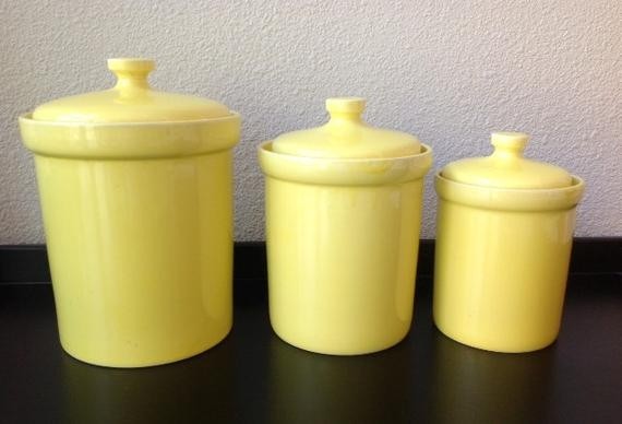 Vintage set of 3 yellow ceramic kitchen canister set