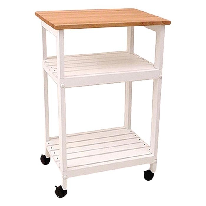White kitchen microwave cart with butcher block top