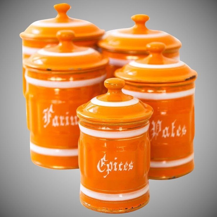 1930s french 5 orange enamel canisters set shabby chic